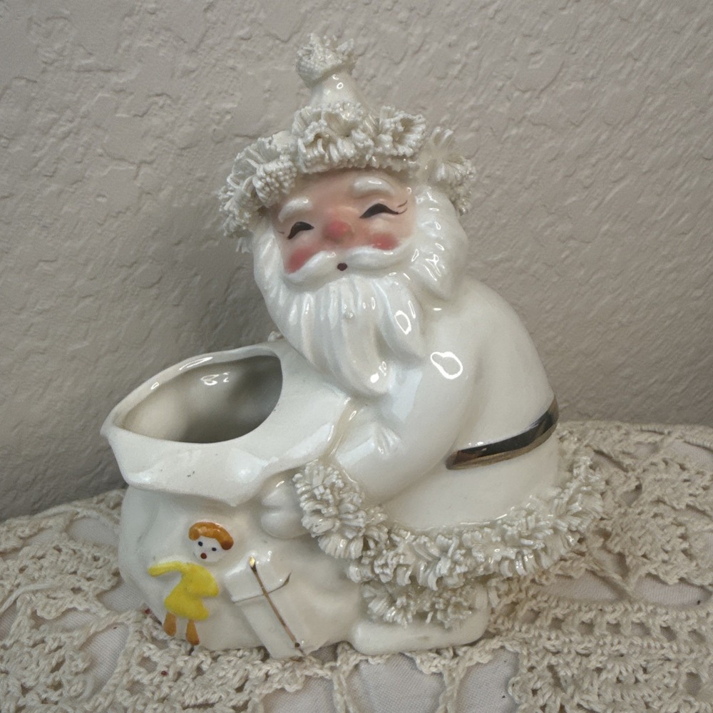 Vintage Napco Christmas Santa Planter S268 Spaghetti Trim Figurine Off White